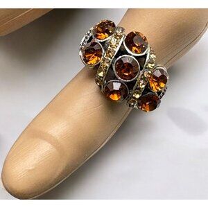 Vintage Style Topaz Rhinestone Statement Ring Adjustable Fit Silver Tone Cluster